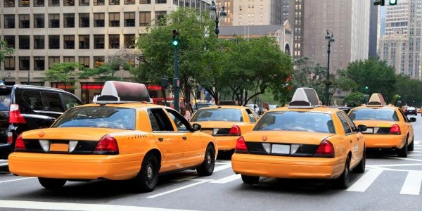Yellow taxis on a city street in Los Angeles